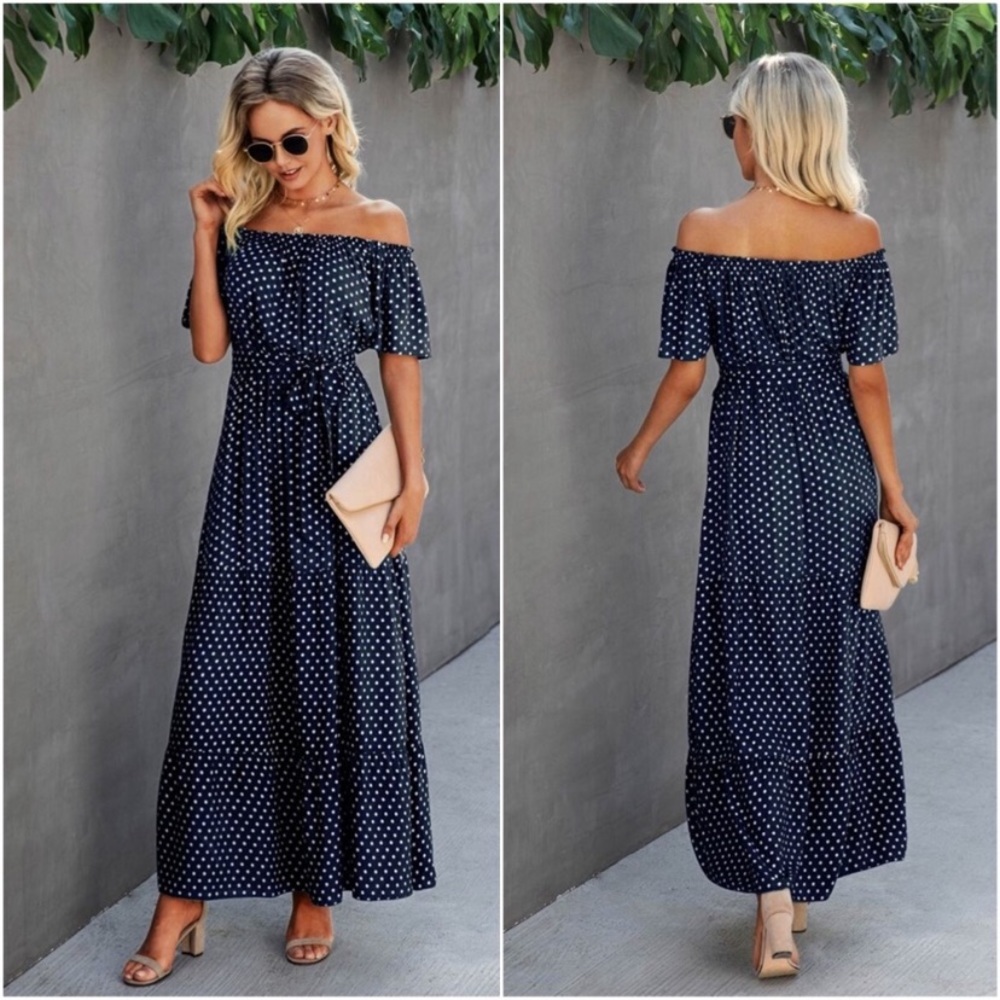 Chic Strapless Navy Polka Dot Dress